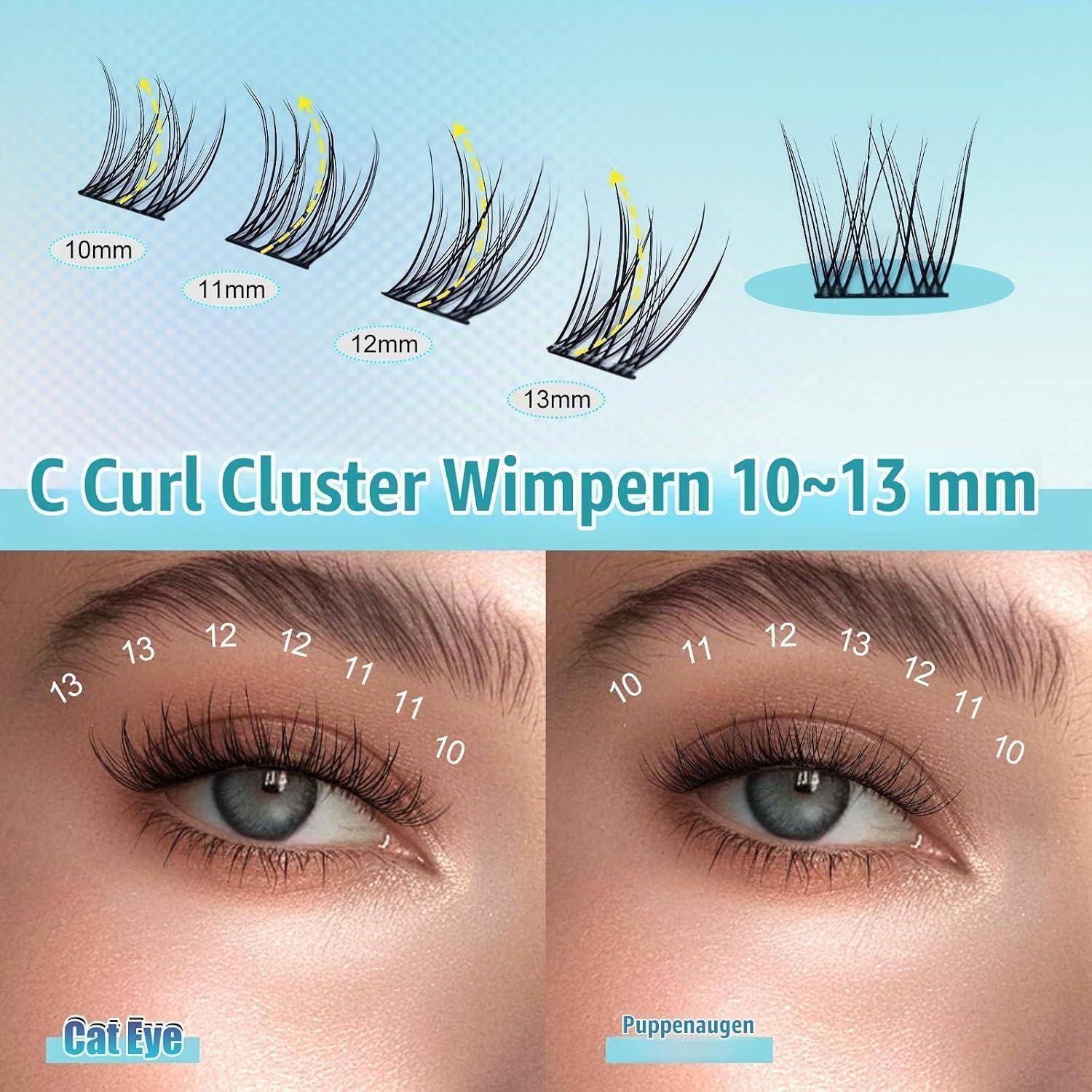 Infografik zeigt C-Curl-Cluster-Wimpernlängen von 10–13 mm und zwei Augen-Make-up-Beispiele mit Cat-Eye- und Doll-Eye-Effekten.