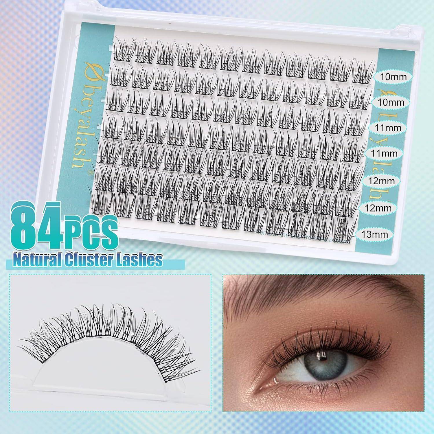 Produktbild von 84-teiligen natürlichen Cluster-Wimpern in Längen von 10 mm bis 13 mm mit einem Wimpern-Tablett, Anwendungsformenleitfaden und einem Modell, das sie trägt.