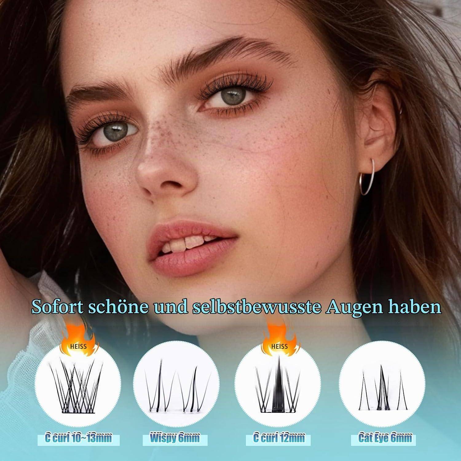 Nahaufnahmeporträt einer jungen Frau mit Sommersprossen und blaugrünen Augen, überlagert mit deutschem Text über Augenformen und Wimpern, mit vier Wimpernstil-Beispielen, die mit Längen gekennzeichnet sind.