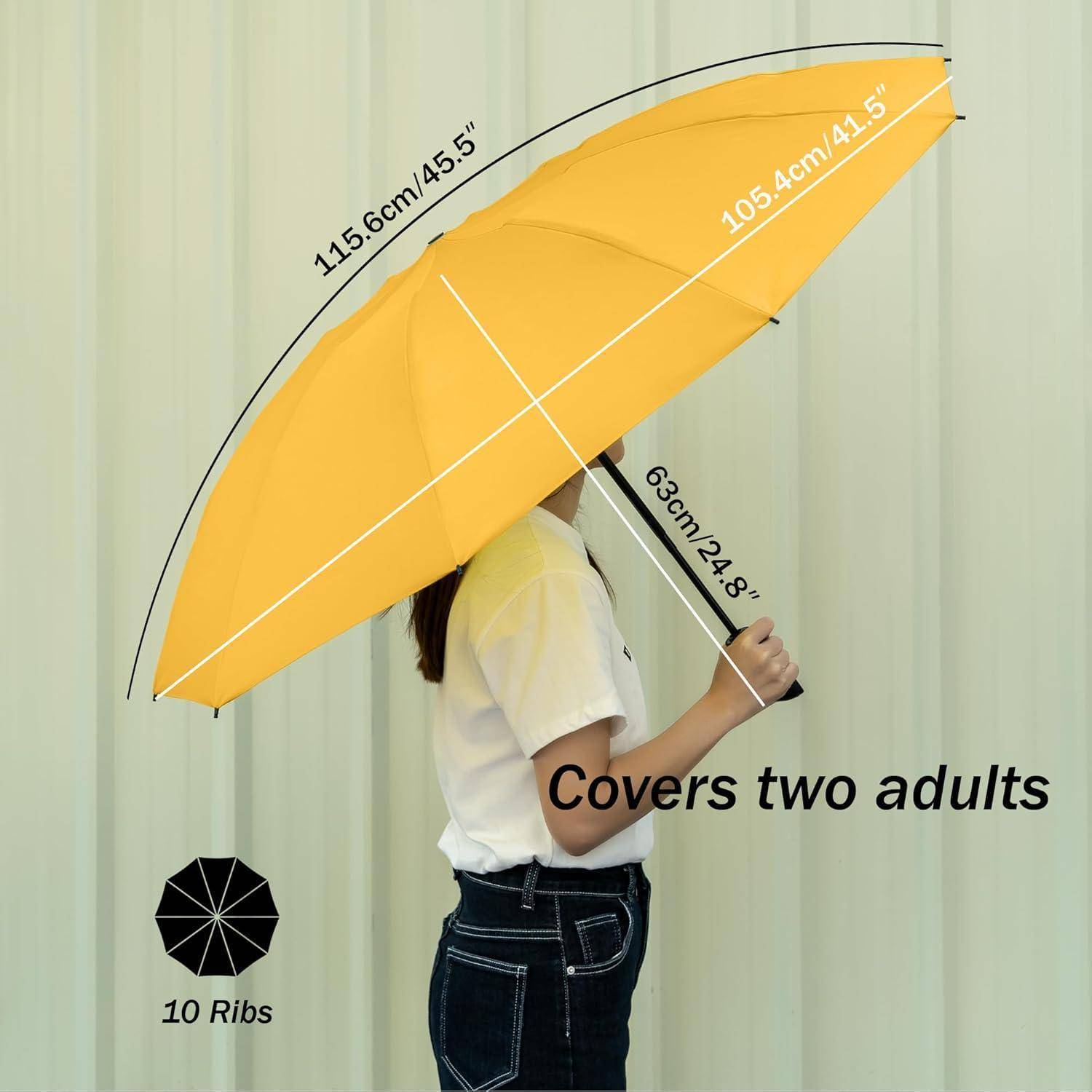 Gelber Regenschirm mit beschrifteten Maßen von 115,6 cm, 105,4 cm und 63 cm; der Text besagt, dass er zwei Erwachsene bedeckt und 10 Rippen hat.