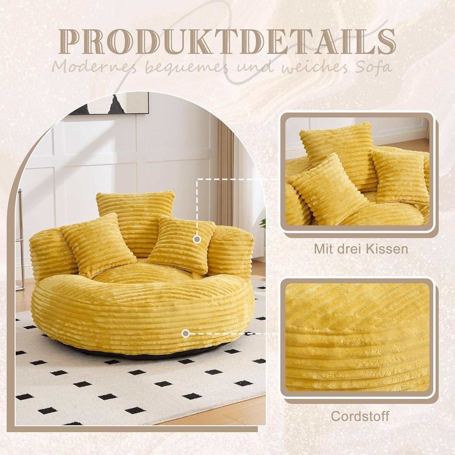 Gelbes Cord-Sitzsack-Sofa mit drei passenden Kissen, dargestellt in einem Produktdetail-Layout mit nahaufnahmen der Stoffansichten.