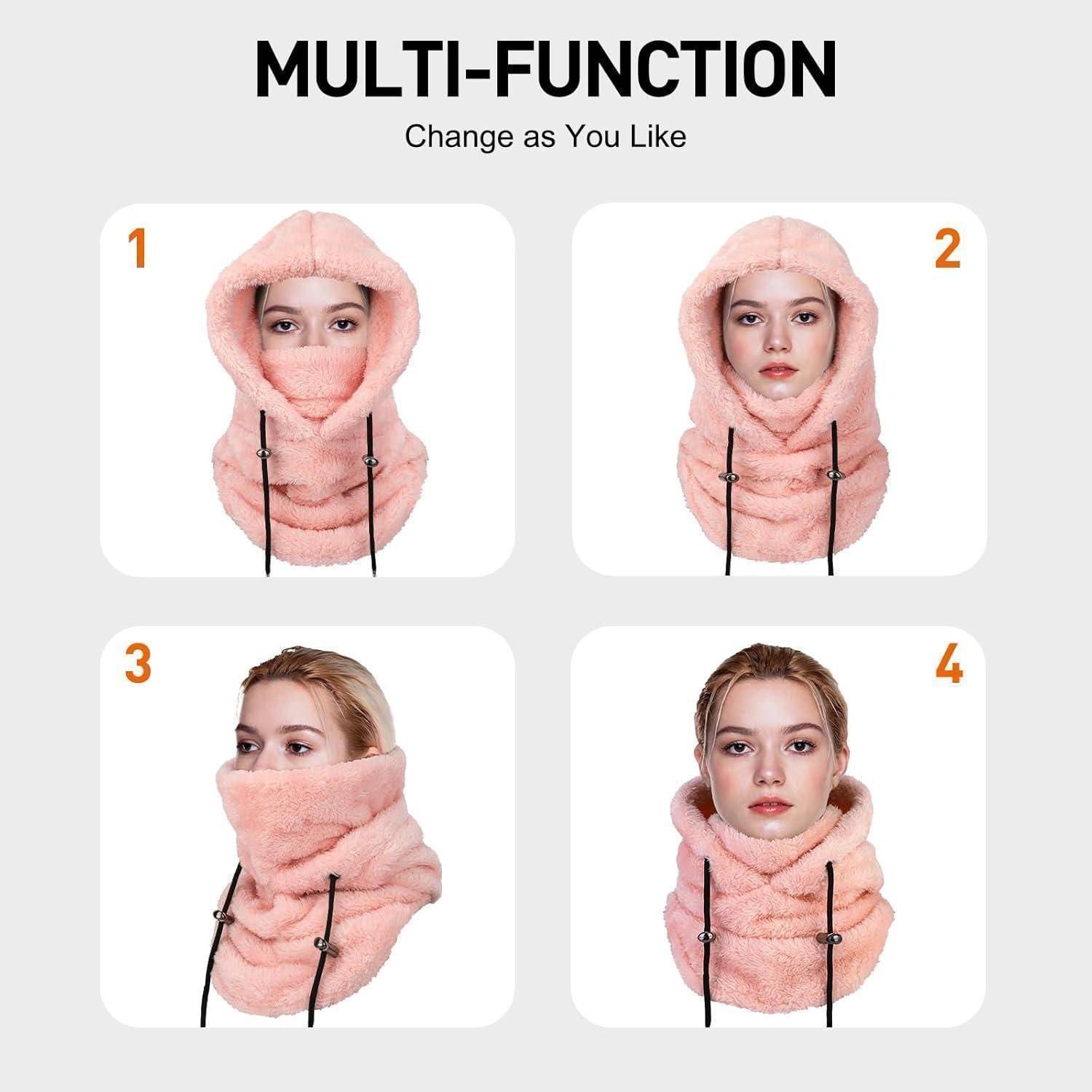 Multifunktionale rosa Fleece-Kapuze und Halsschutz, gezeigt in vier Trageweisen an einem Modell, die die verstellbare Abdeckung für Gesicht, Hals und Kopf veranschaulichen.