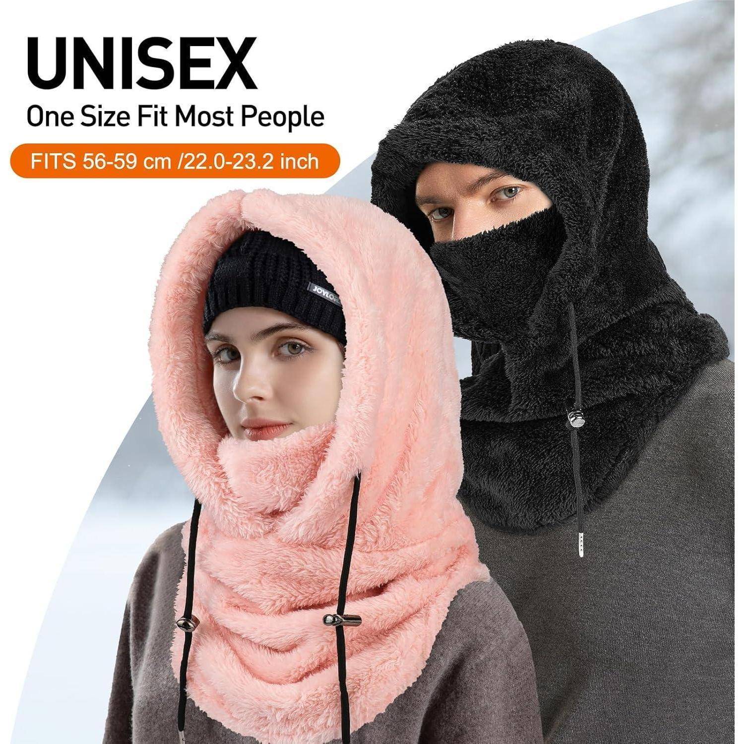 Produktbild von zwei Personen, die unisex Balaclava-Kapuzengesichtstücher in Pink und Schwarz tragen, mit der Beschriftung „One Size Fit Most People