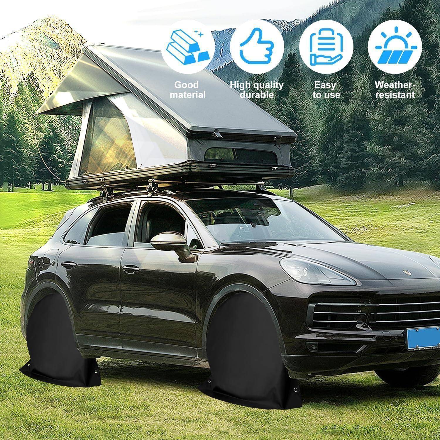 Schwarzer SUV mit Dachzeltaufbau auf Gras geparkt, mit Symbolen, die gutes Material, hohe Qualität, einfache Verwendung und Wetterbeständigkeit beanspruchen.