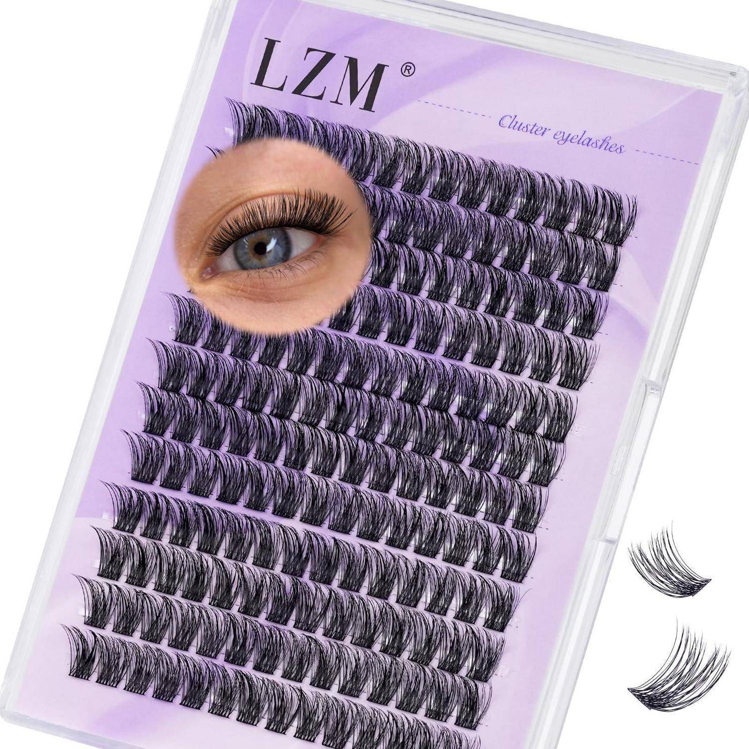 Packung von LZM-Cluster-Wimpern mit mehreren Wimpernstreifen und einer Augenaussparung auf violettem Hintergrund