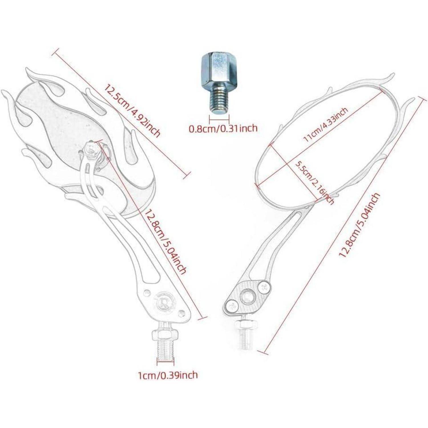 Technische Zeichnung eines Motorradspiegels mit flammenförmigem Gehäuse und Stiel, zeigend die Abmessungen: 12,5 cm Länge, 12,8 cm Stiel, 11 cm x 5,5 cm Spiegel, plus Schraubengrößen 0,8 cm und 1 cm.