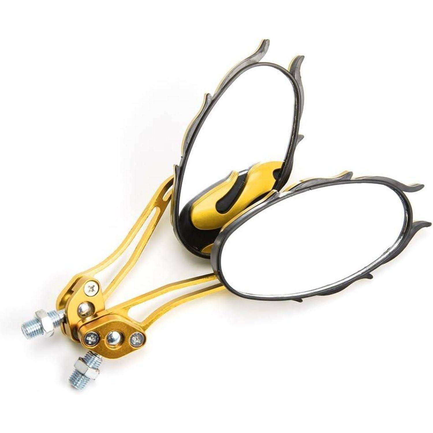 Zwei ovale Motorrad-Rückspiegel mit goldfarbenen verstellbaren Halterungen auf weißem Hintergrund.