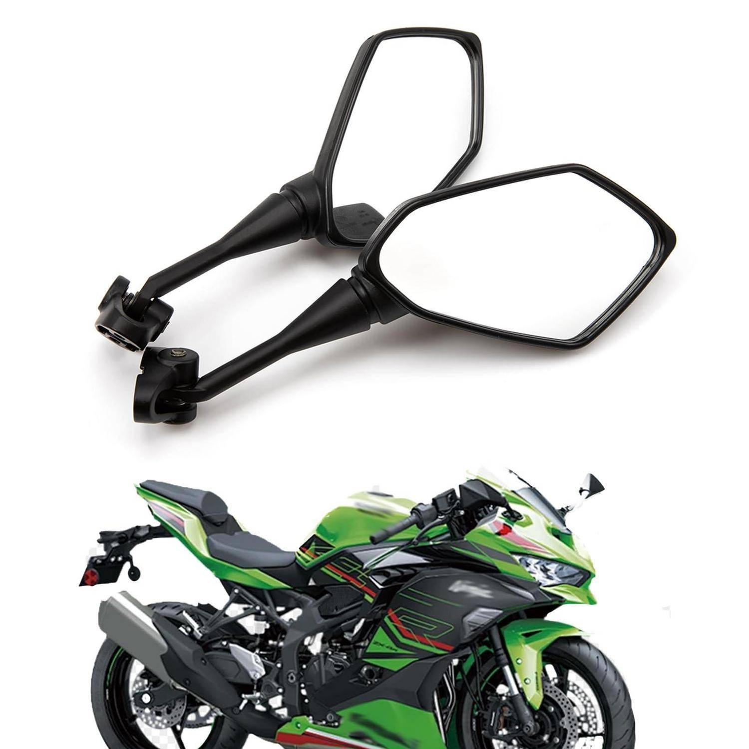 Ein Paar schwarze Motorradspigel, die über einem grünen Sportmotorrad abgebildet sind, illustriert Ersatz-Seitenspiegel für das Motorrad.