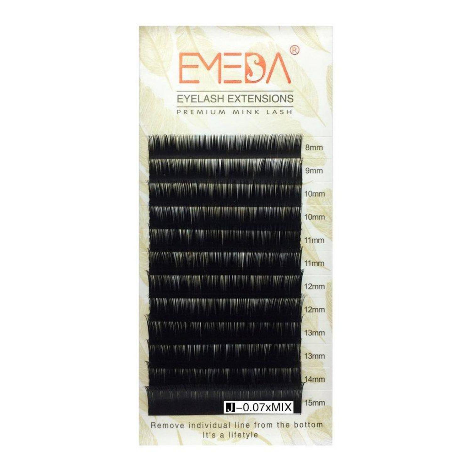 EMESA Premium-Nerzwimpernverlängerungs-Tablett mit gemischten Längen, beschriftet von 8 mm bis 15 mm.