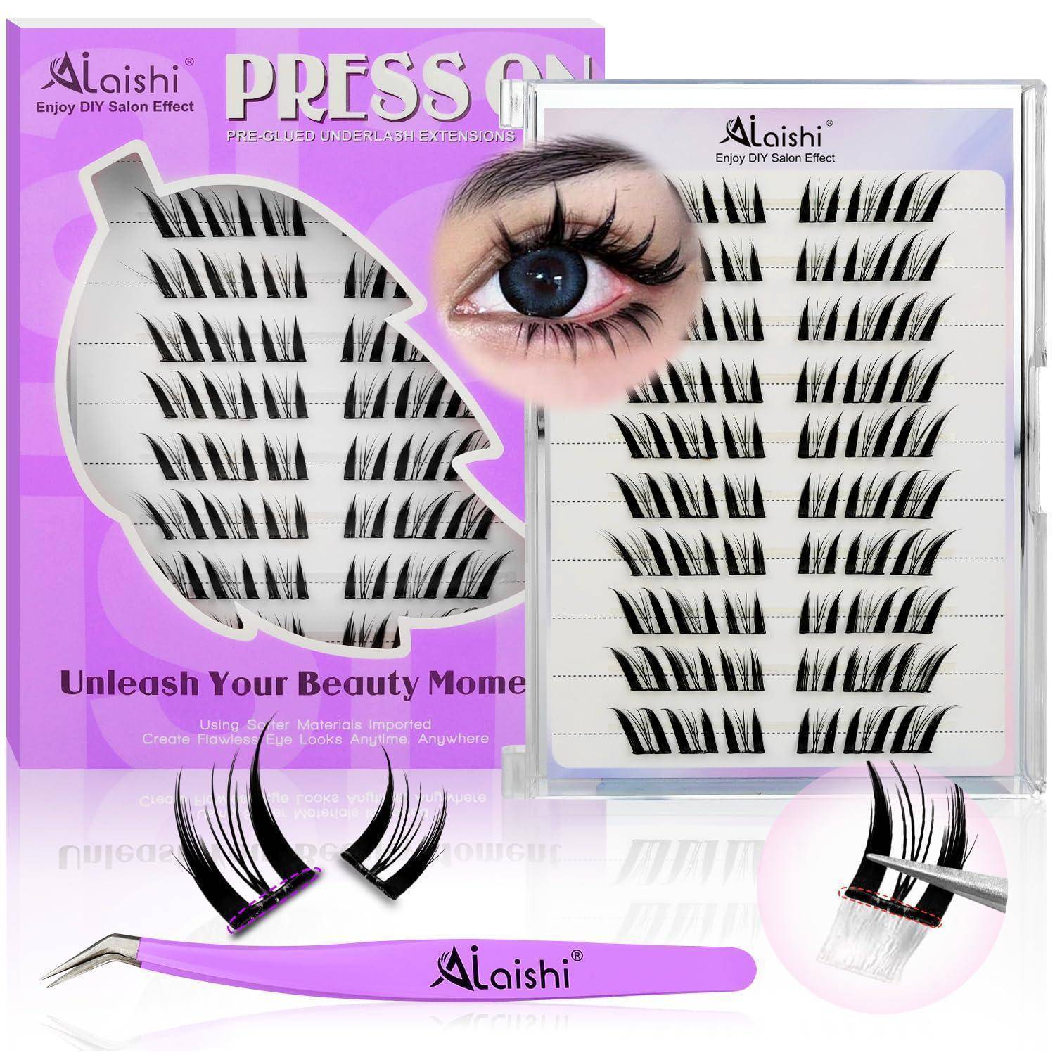 Wimpernverlängerungsset-Verpackung mit mehreren Reihen künstlicher Wimpern, Pinzetten, Applikator und einem Auge, das die dramatische Wimpernapplikation zeigt.