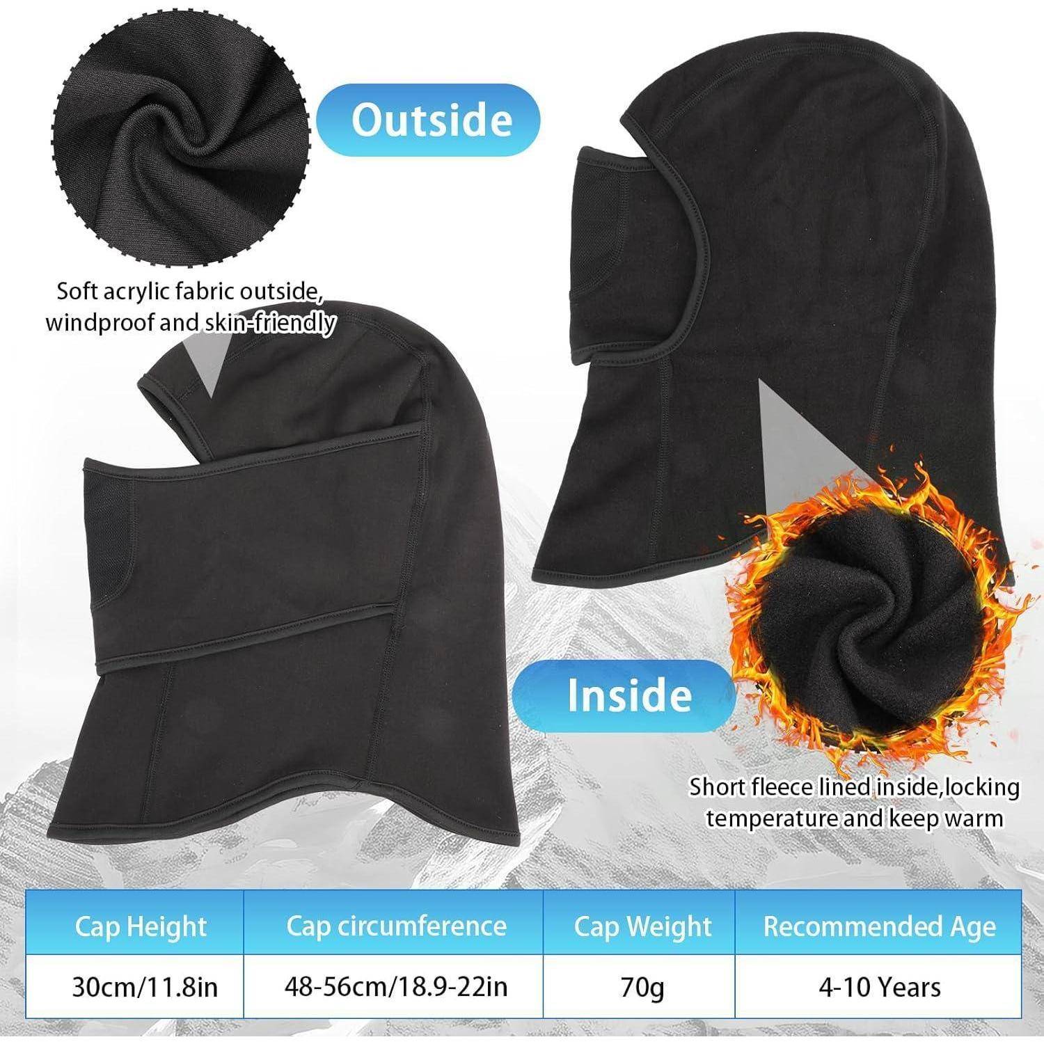 Schwarze Kinder-Winterbalaclava, innen und außen gezeigt, mit Fleece-Fütterung und winddichtem Außenstoff; Tabelle listet Größe, Gewicht und Altersgruppe 4-10 Jahre auf.
