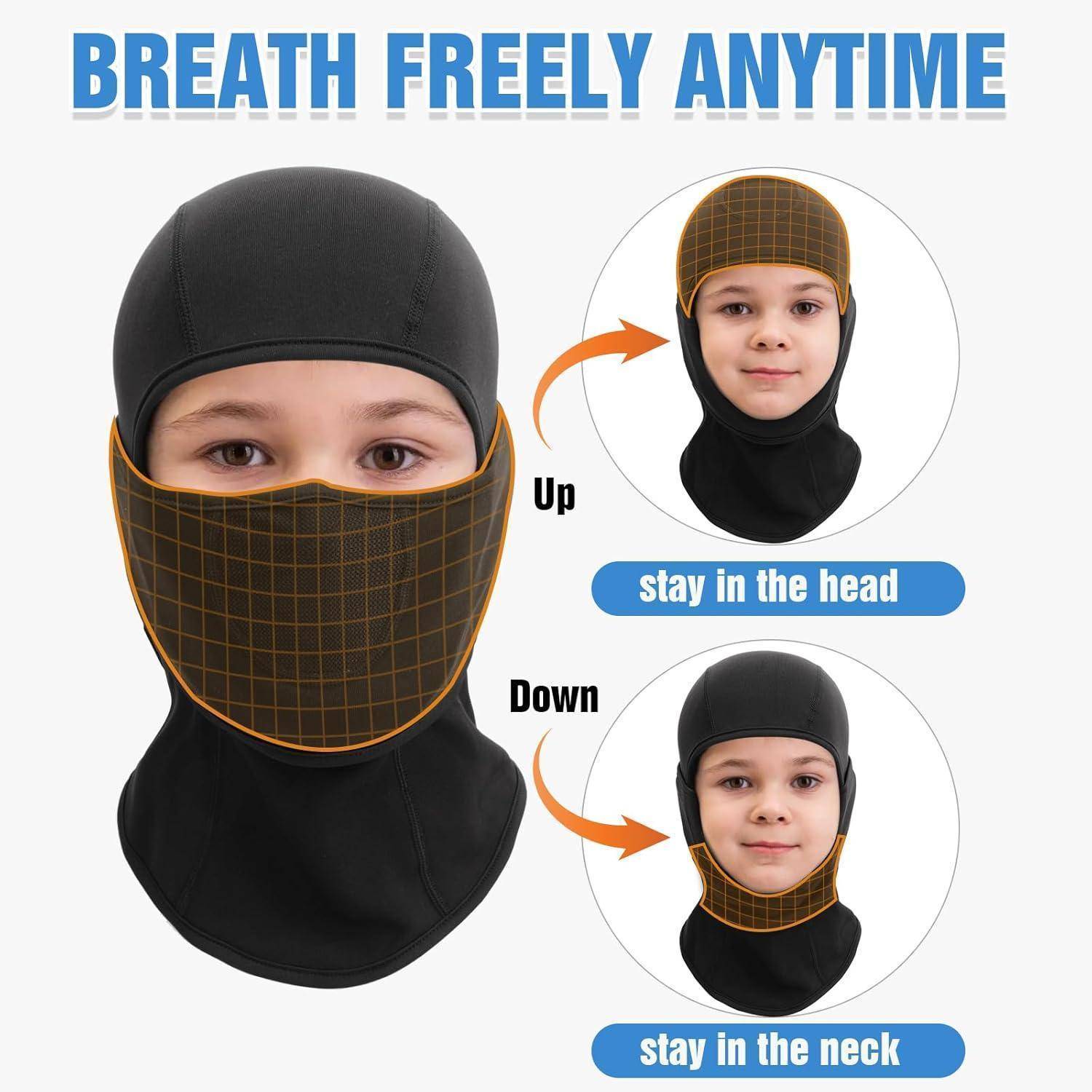 Produktgrafik zeigt ein Kind, das eine umkehrbare Kapuze und Gesichtsbedeckung trägt, mit dem Titel „ATME JEDERZEIT FREI", mit Pfeilen, die zeigen, dass sie am Kopf oder am Hals getragen werden kann.