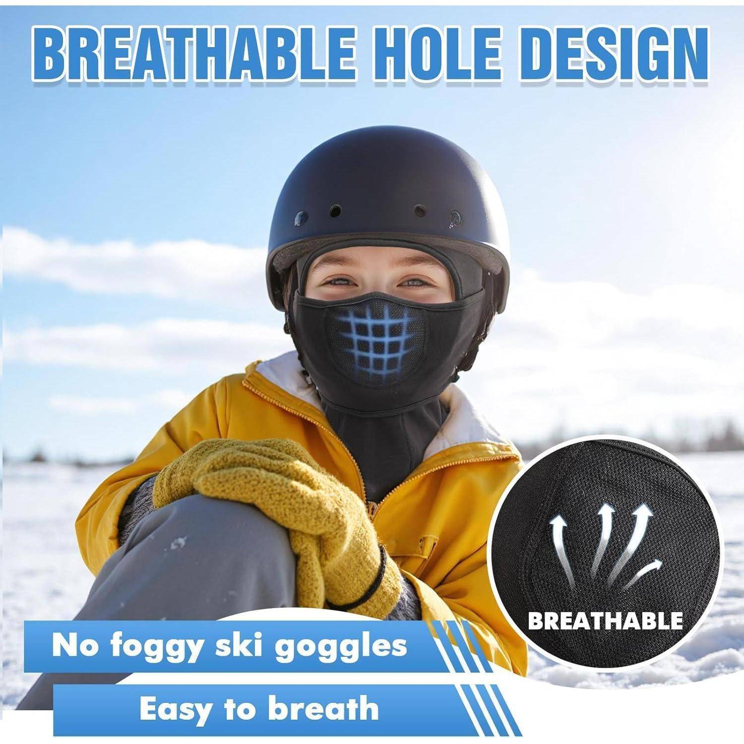 Kind in gelbem Skianzug, Helm und Gesichtsmaske im Schnee; Anzeigentext besagt „ATMUNGSAKTIVES LOCHMUSTER", „Keine beschlagenen Skibrillen"" und „Leicht zu atmen"" mit einer Nahaufnahme des atmungsaktiven Einsatzes.