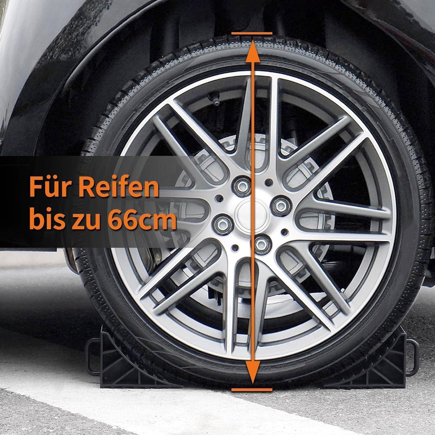 Auterad und Reifen in einem Ständer geparkt, mit orangem Pfeil und deutschem Text „Für Reifen bis zu 66cm