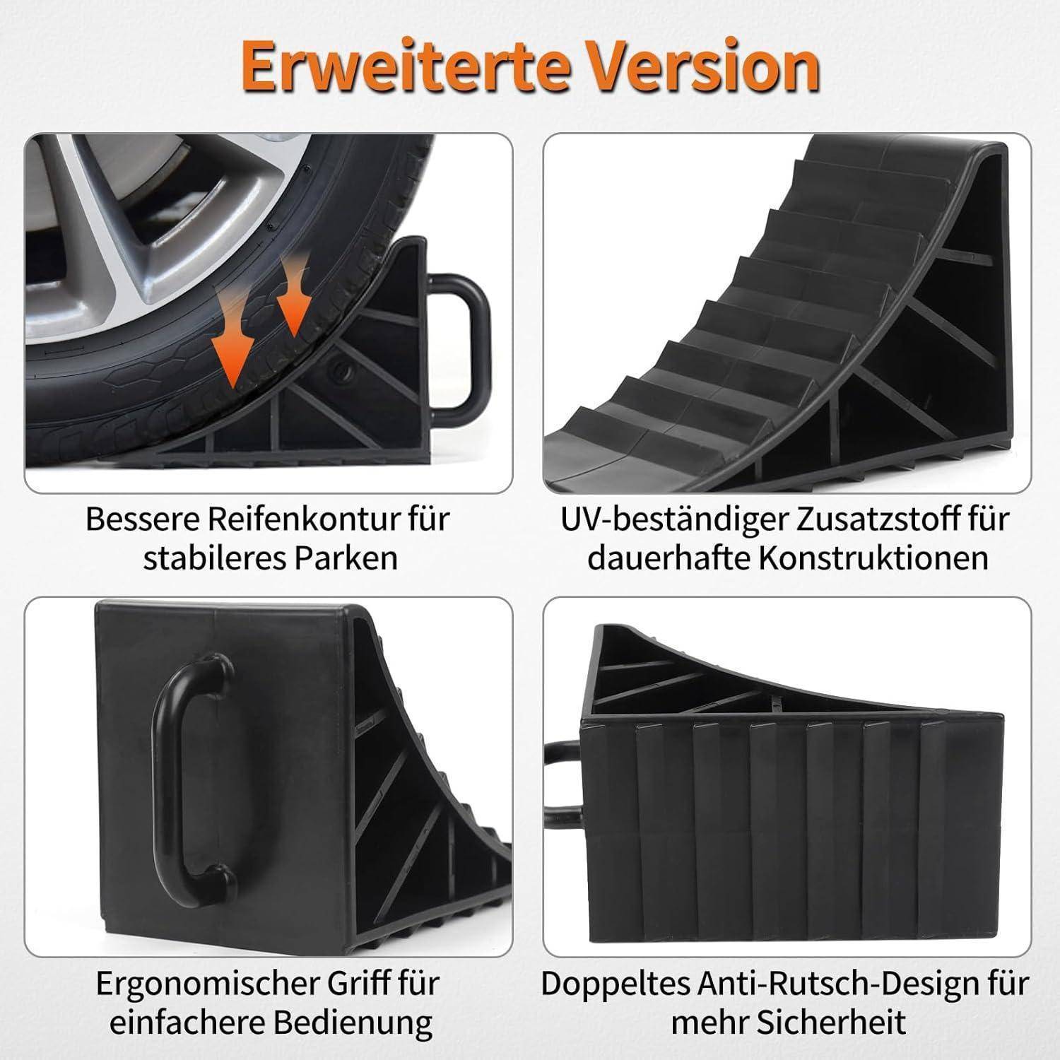 Infografik eines verbesserten Radkeils mit verbesserter Reifenkontur für stabiles Parken, UV-beständigem Material, ergonomischem Griff und doppeltem rutschfestem Design.