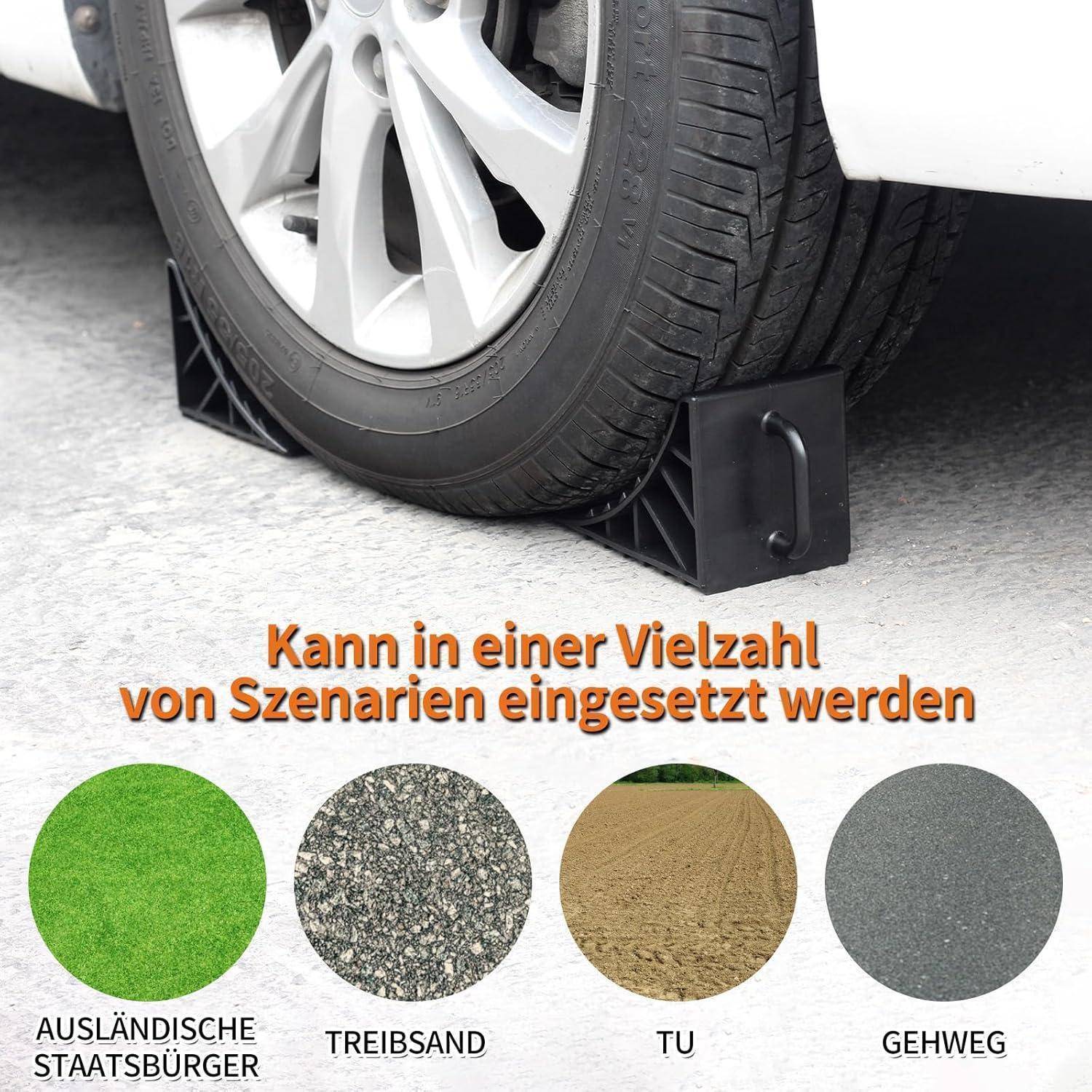 Autoreife auf einem Keilstopperblock mit deutschem Text, der besagt, dass er in vielen Szenarien verwendet werden kann; Beispielkreise gekennzeichnet für Rasen, Kies, Sand und Gehweg.