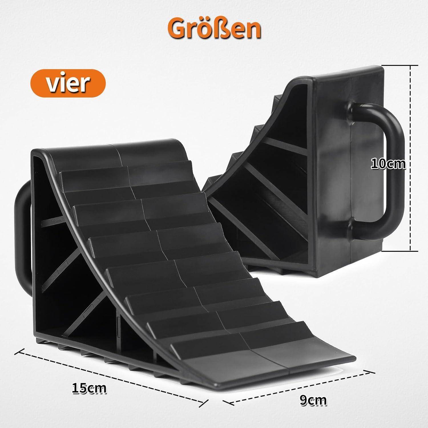 Produktgrößen-Grafik zeigt eine schwarze kunststoffgefertigte keilförmige Rampe mit Griff; Abmessungen gekennzeichnet 15 cm lang, 9 cm breit und 10 cm hoch, mit den Worten 