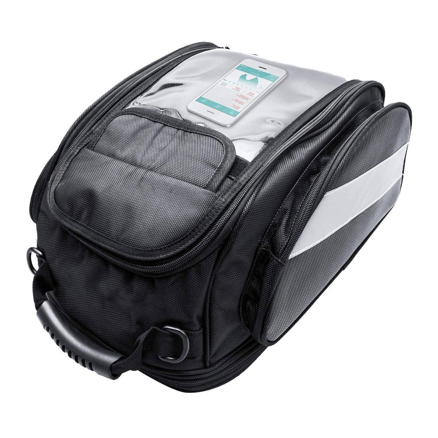 Schwarze Motorrad-Tanktas­che mit transparenter Obertasche für Telefon oder Karte und seitlichem Reflektorstreifen, auf weißem Hintergrund dargestellt.