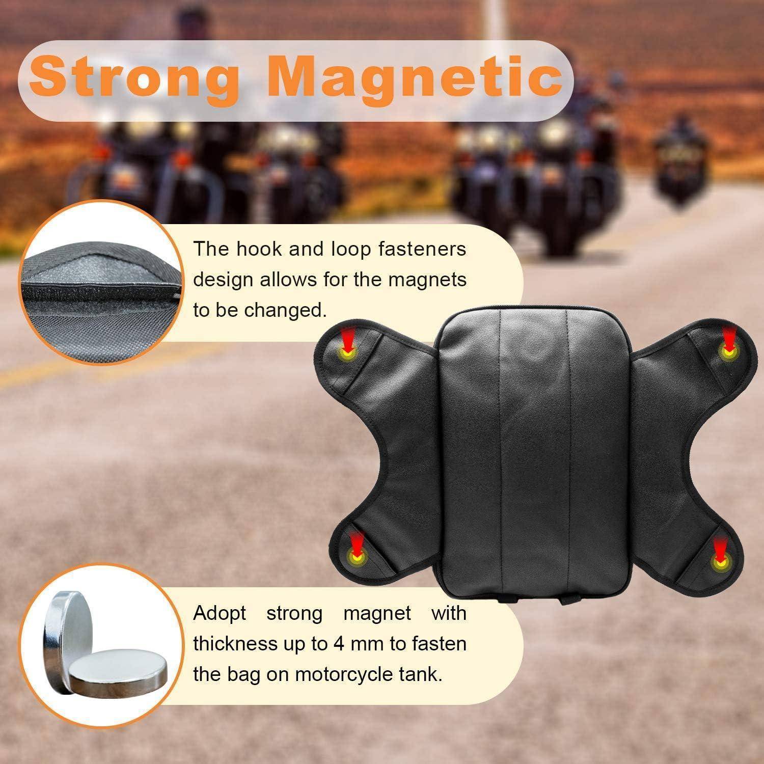Werbegrafik einer Motorrad-Tankrucksack mit dem Titel „Starke Magnete", zeigt verstellbare Klett- und Schlaufenmagnete und 4 mm dicke Magnete zur Befestigung am Tank.