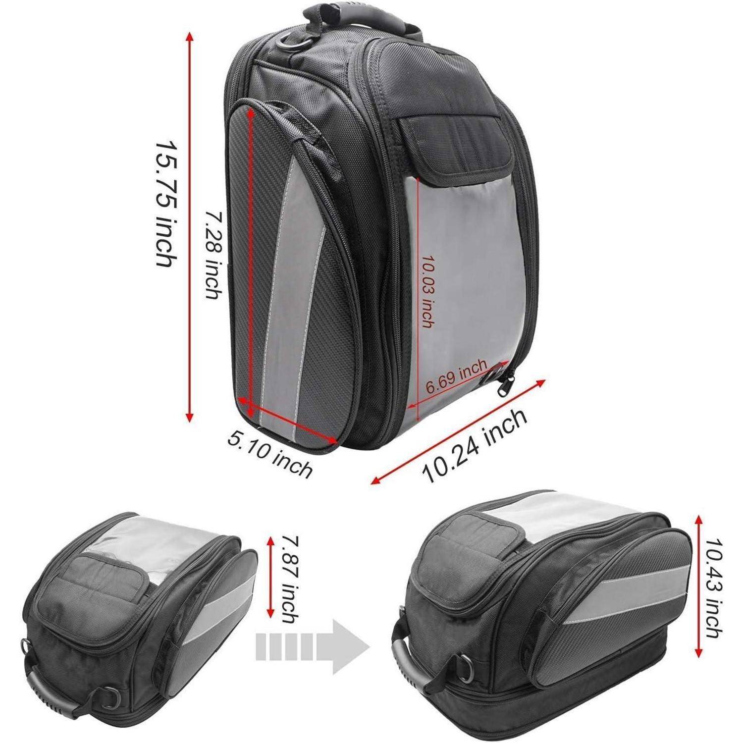Umwandelbarer schwarz-grauer Rucksack-zu-Reisetasche, dargestellt mit Abmessungen und einer Vorher-Nachher-Umwandlung von kompakter zu erweiterter Form.