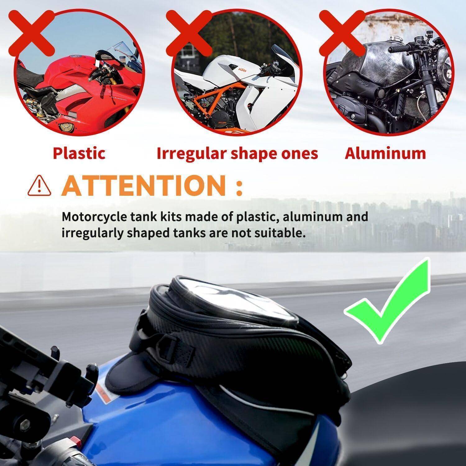 Warnzeichen zeigt, dass Motorrad-Tanktaschen ungeeignet für Kunststoff-, unregelmäßig geformte und Aluminium-Tanks sind; eine Tanktasche auf einem blauen Motorrad ist mit einem grünen Haken gekennzeichnet.