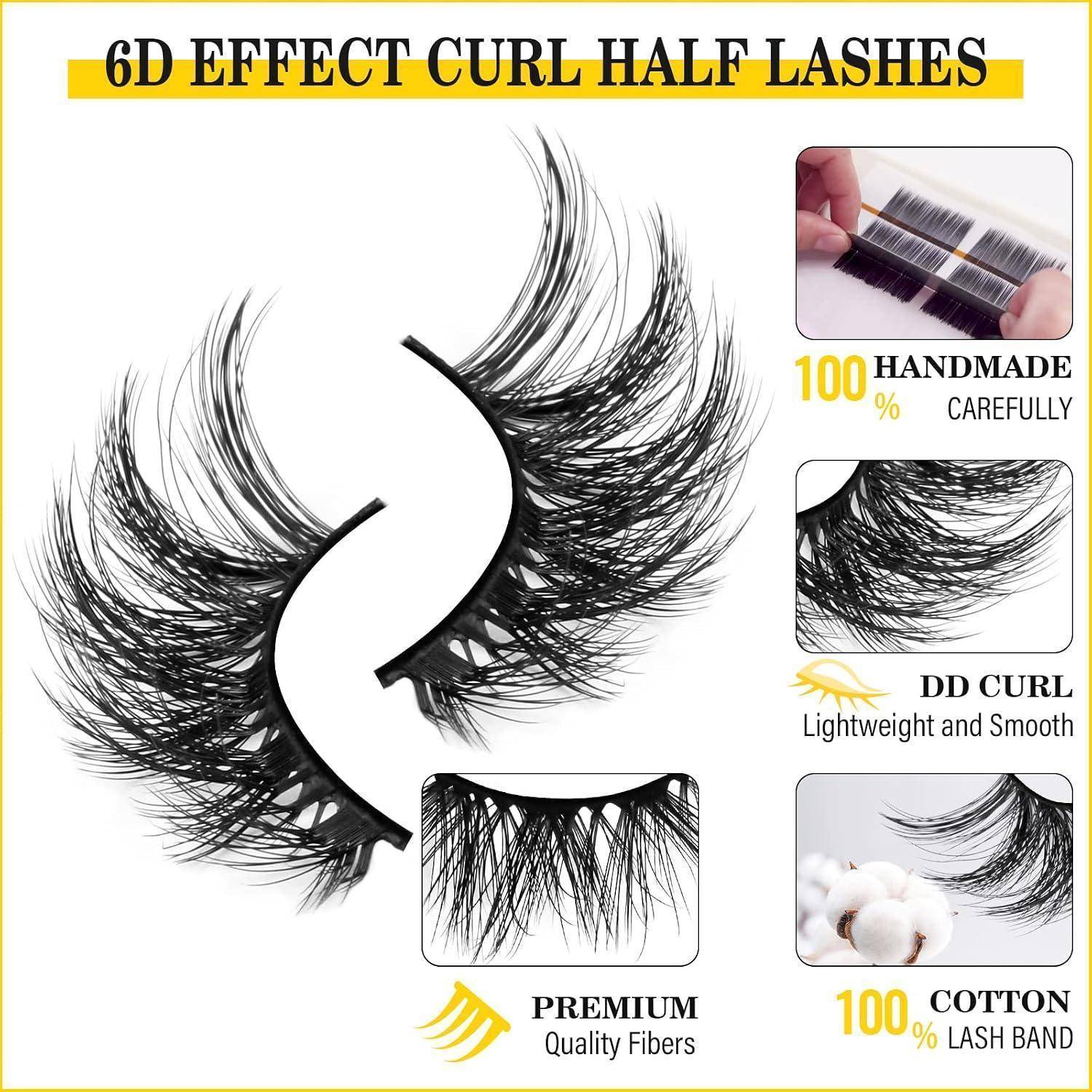 Produktbild von 6D-Effekt-Locken-Halbwimpern, das flauschige schwarze künstliche Wimpern zeigt mit Hinweisen auf 