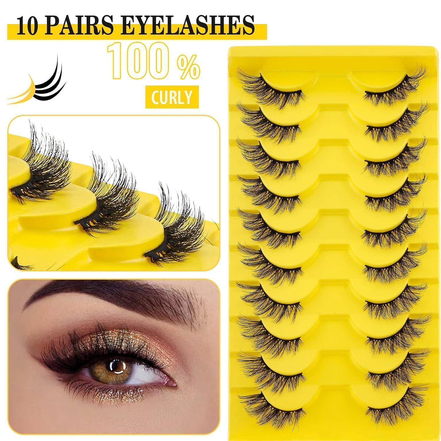 Produktanzeige mit 10 Paaren zu 100% lockigen falschen Wimpern auf gelben Tabletts, mit Nahaufnahme der Wimperndetails und einem Beispiel für die Anwendung von Augenmake-up.
