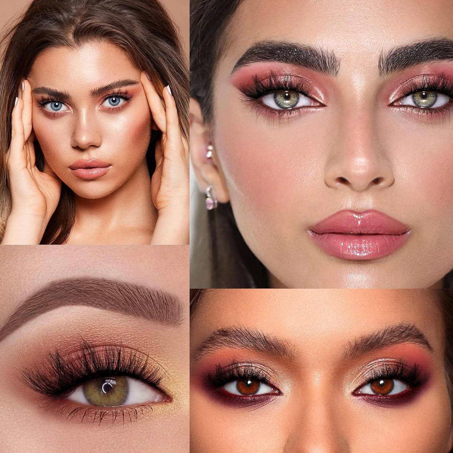 Collage aus vier nahaufnahmen von schönheitsporträts, die make-up-looks mit kräftigen augenbrauen, lidschatten, langen wimpern und glänzenden lippen zeigen