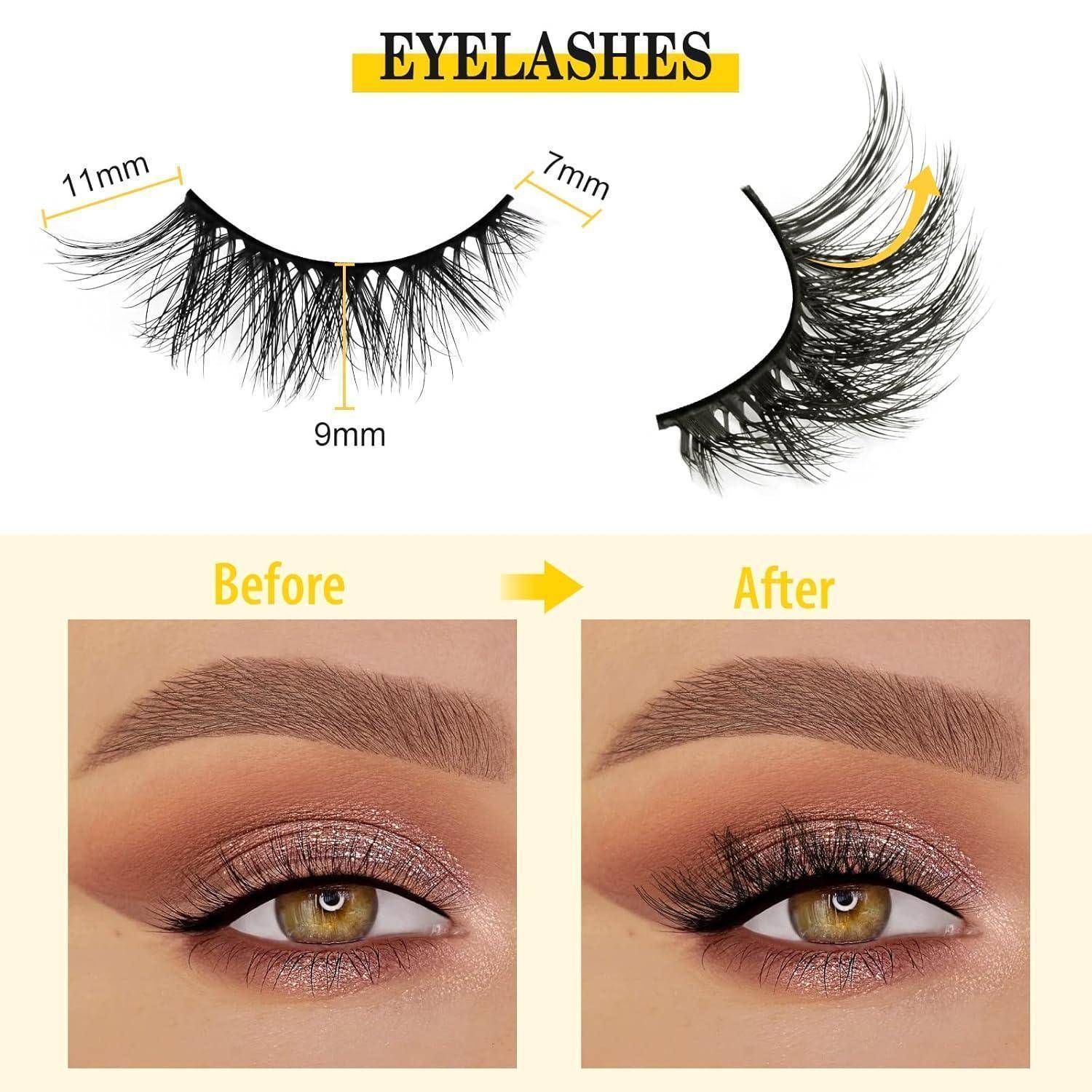 Werbegrafikzeiger für künstliche Wimpern mit Längenmessungen und einem Vorher-Nachher-Vergleich des Augen-Make-ups, wobei im Nachher-Bild vollere Wimpern hinzugefügt wurden.