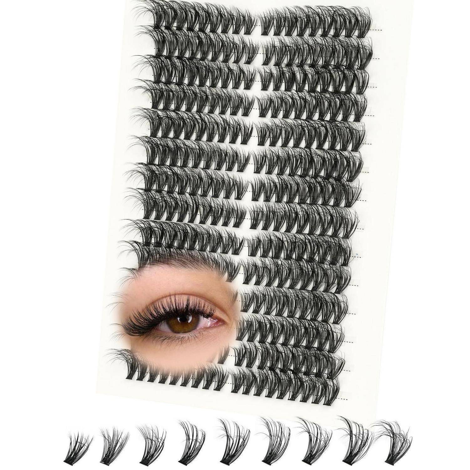 Musterkartenblock für künstliche Wimpern mit Reihen schwarzer Wimpernbüschel und eine Nahaufnahme eines Auges, die zeigt, wie die Wimpern beim Tragen aussehen.