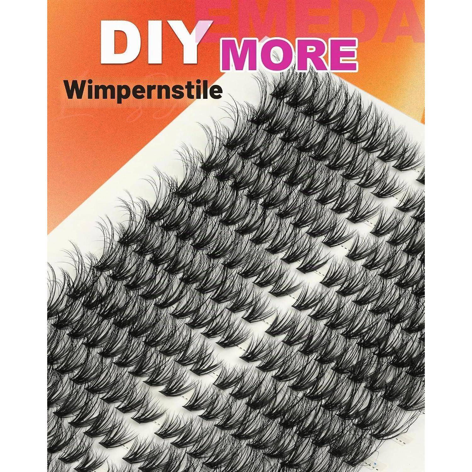 Packungshülle für DIY MORE ‚Wimpernstile' mit einem Tablett aus künstlichen Wimpern in verschiedenen Stilen und Längen.