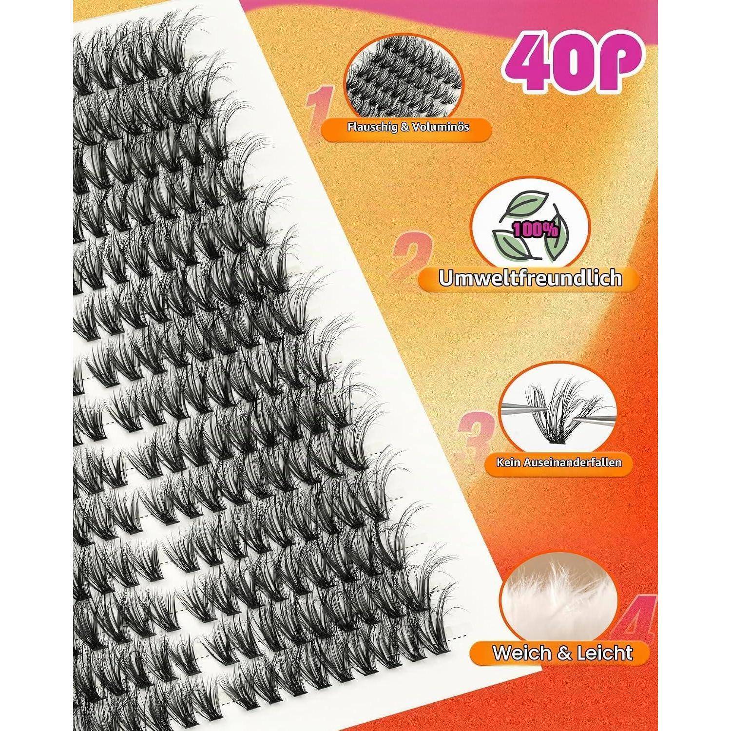 Satz mit 40 Paar falschen Wimpern, gezeigt auf der Verpackung mit Nahaufnahme der Wimpernstreifen und mit gekennzeichneten Merkmalen „Flauschig & Voluminös