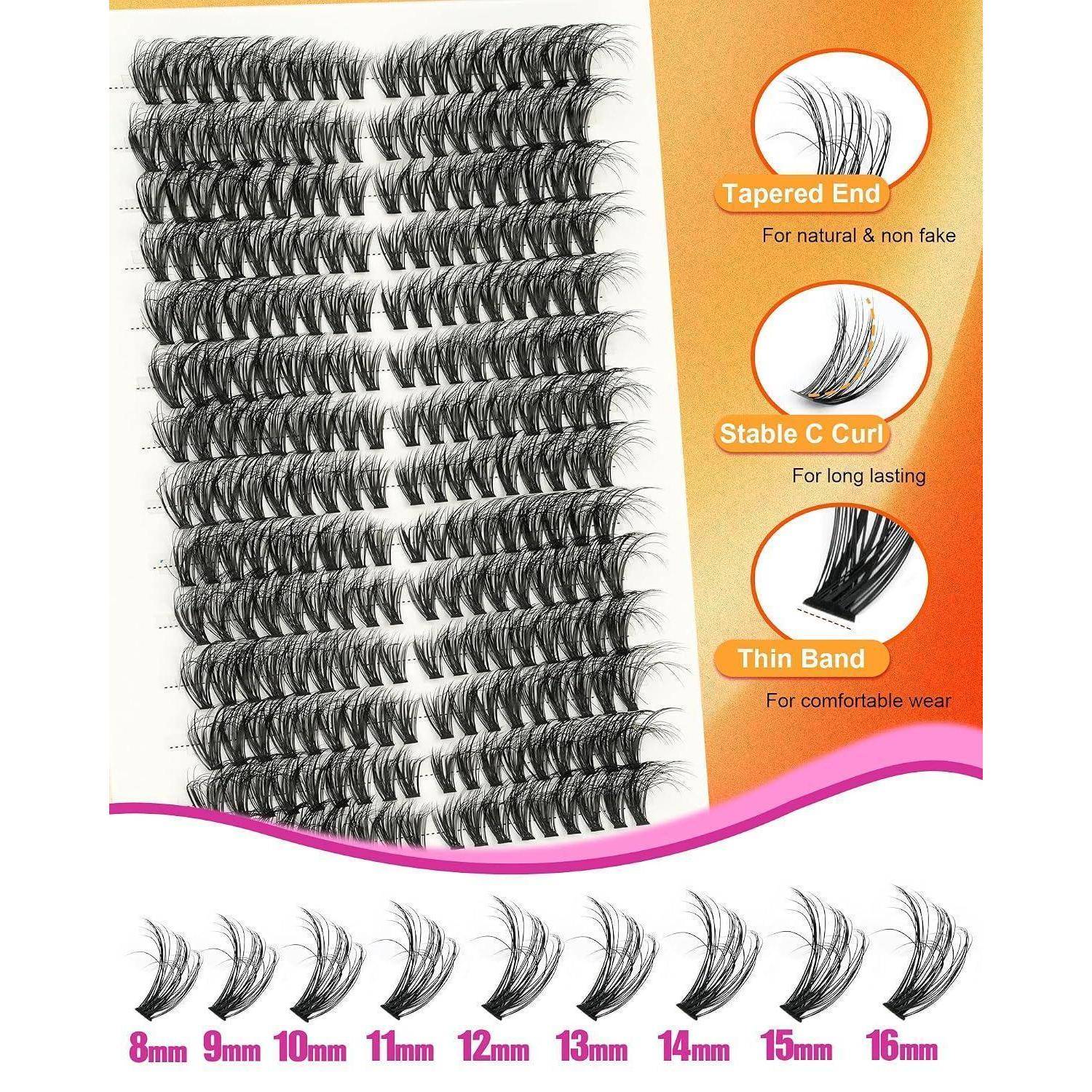 Falsches Wimpernprodukt-Display mit mehreren Wimpernstreifen; das rechte Panel hebt 