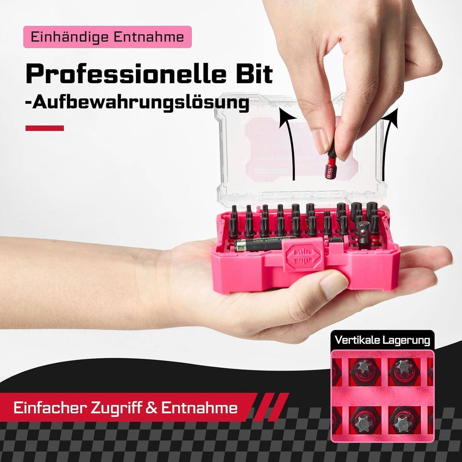 Hände halten eine rosa Bit-Aufbewahrungsbox mit durchsichtigem Deckel, die einfachen Zugriff mit einer Hand und vertikale Lagerung zeigt; deutscher Text bewirbt eine professionelle Bit-Aufbewahrungslösung.