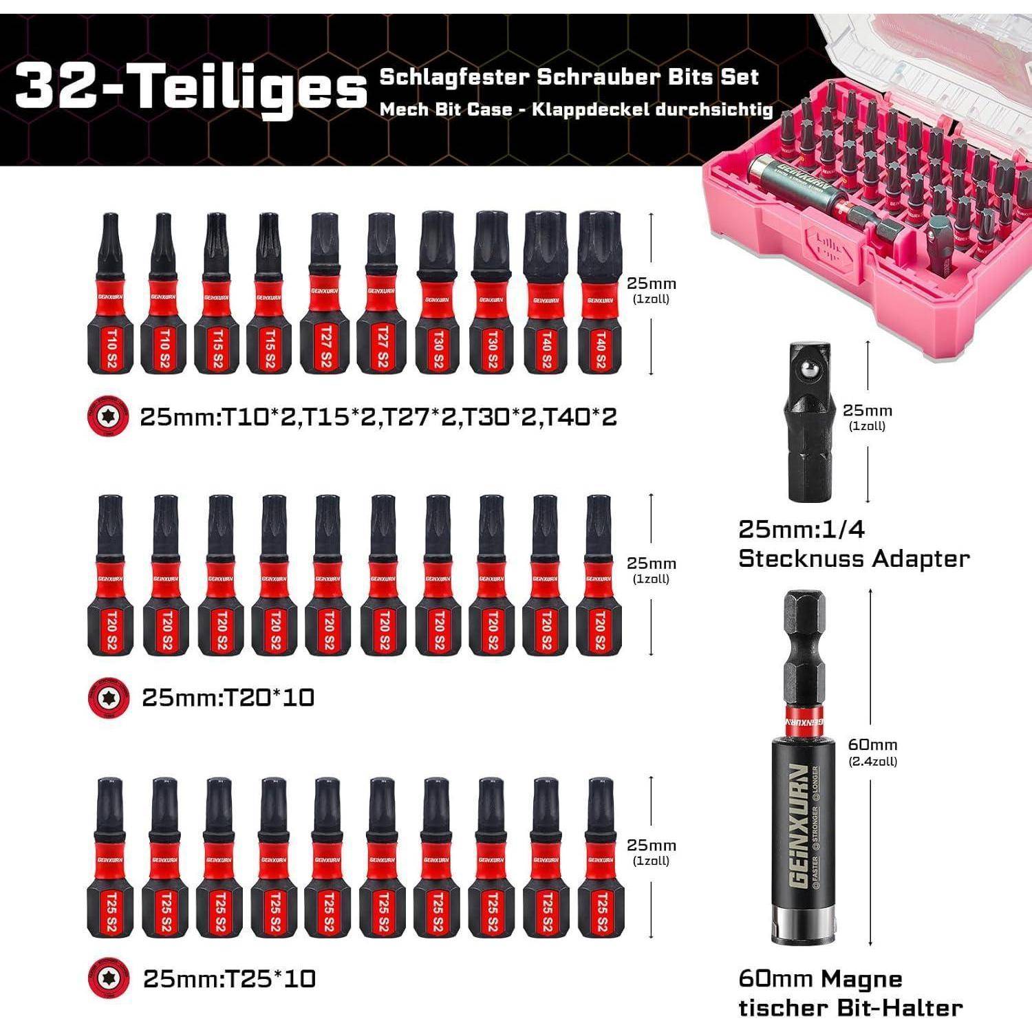 Bild eines 32er-Schraubendreher-Bitsets in einem rosa Koffer, das 25mm-Torx-Bits, einen 25mm-1/4-Zoll-Adapter und einen 60mm-Magnetbithänger zeigt.