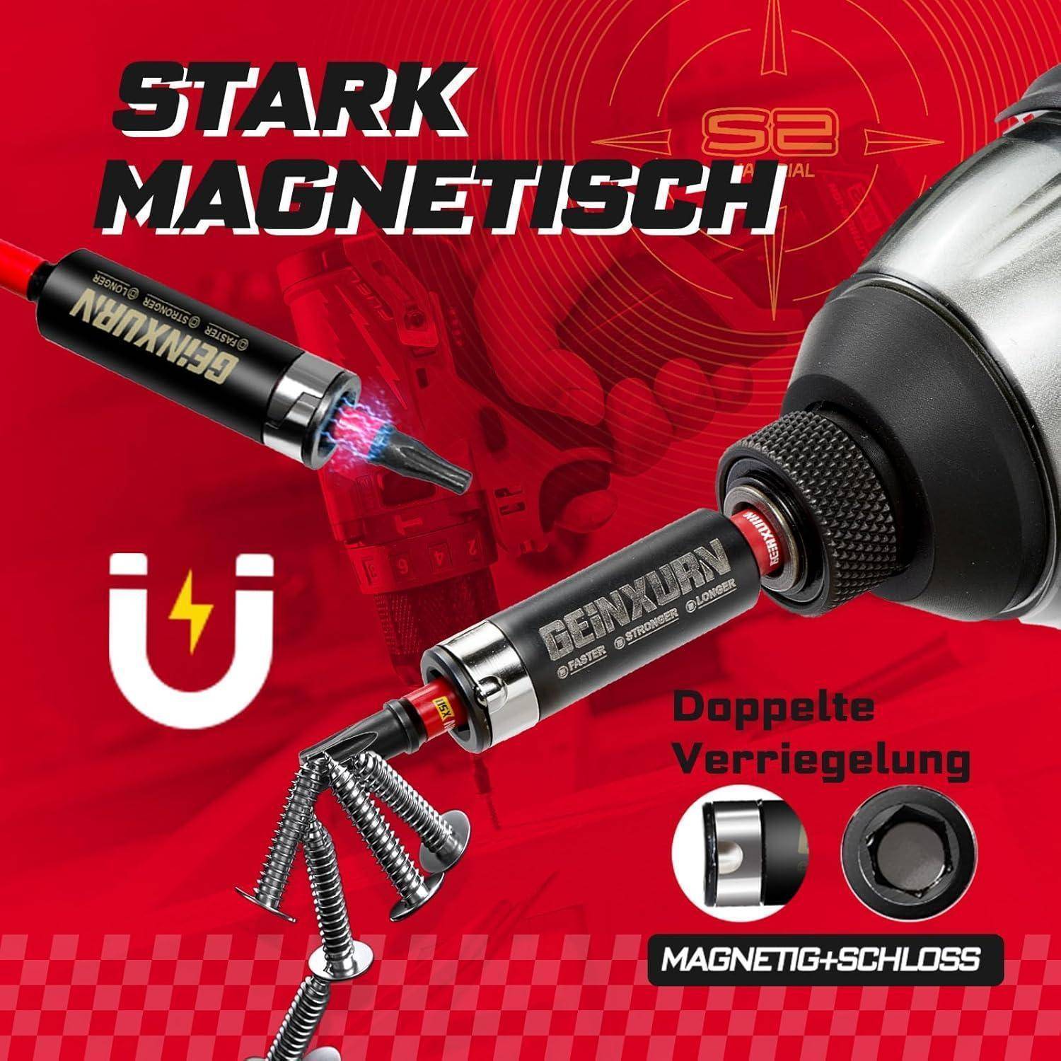 Rotale Produktanzeige mit zwei magnetischen Schraubendreher-/Bithaltern mit angebrachten Schrauben, gekennzeichnet mit „STARK MAGNETISCH
