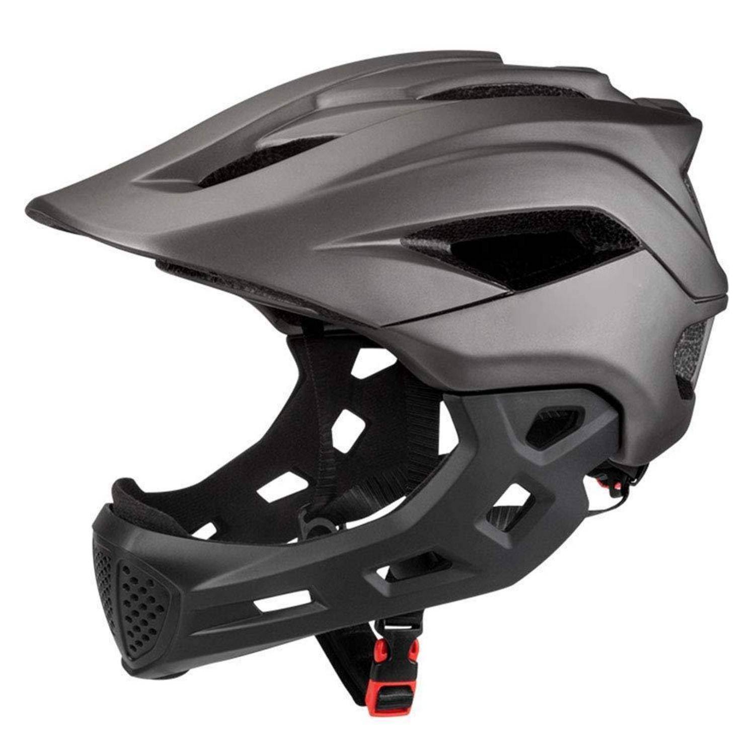 Grauer Vollgesichts-Mountainbike-Helm mit Visier, belüfteter Schale, Kinnschutz und rotem Schnallengurt auf weißem Hintergrund