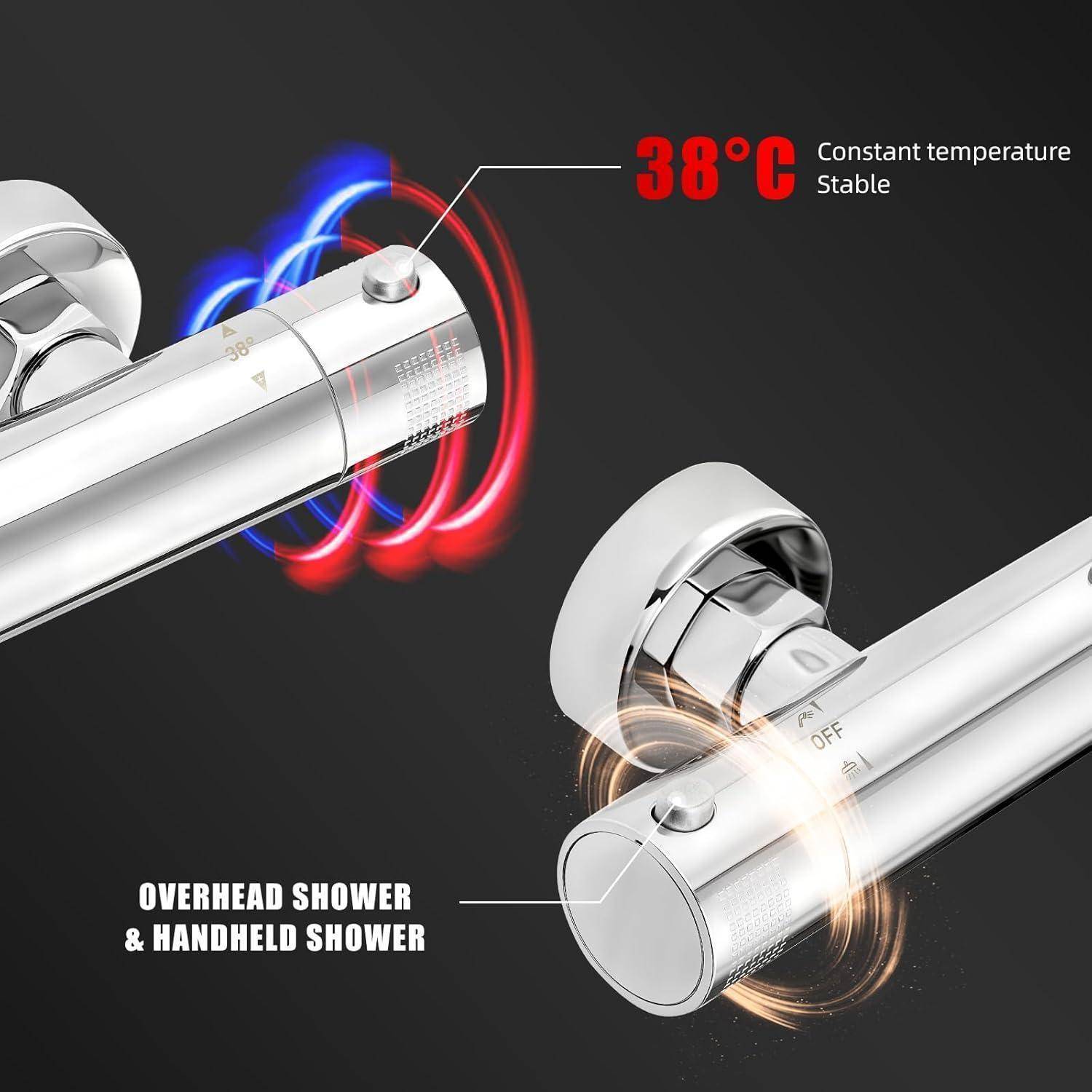 Chrom-Thermostat-Brausebatterie mit Kopfbrause und Handbrause-Steuerung, beschriftet mit 