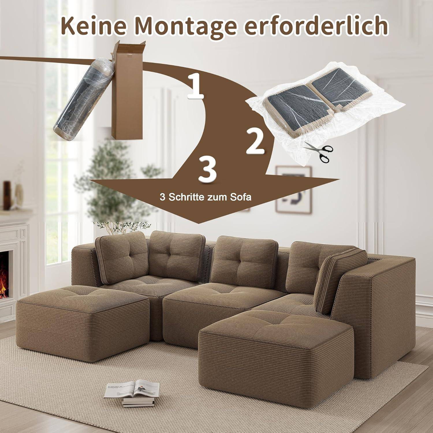 Anzeige mit einem braunen Ecksofa mit Ottomane und Kissen, beschriftet auf Deutsch mit „Keine Montage erforderlich
