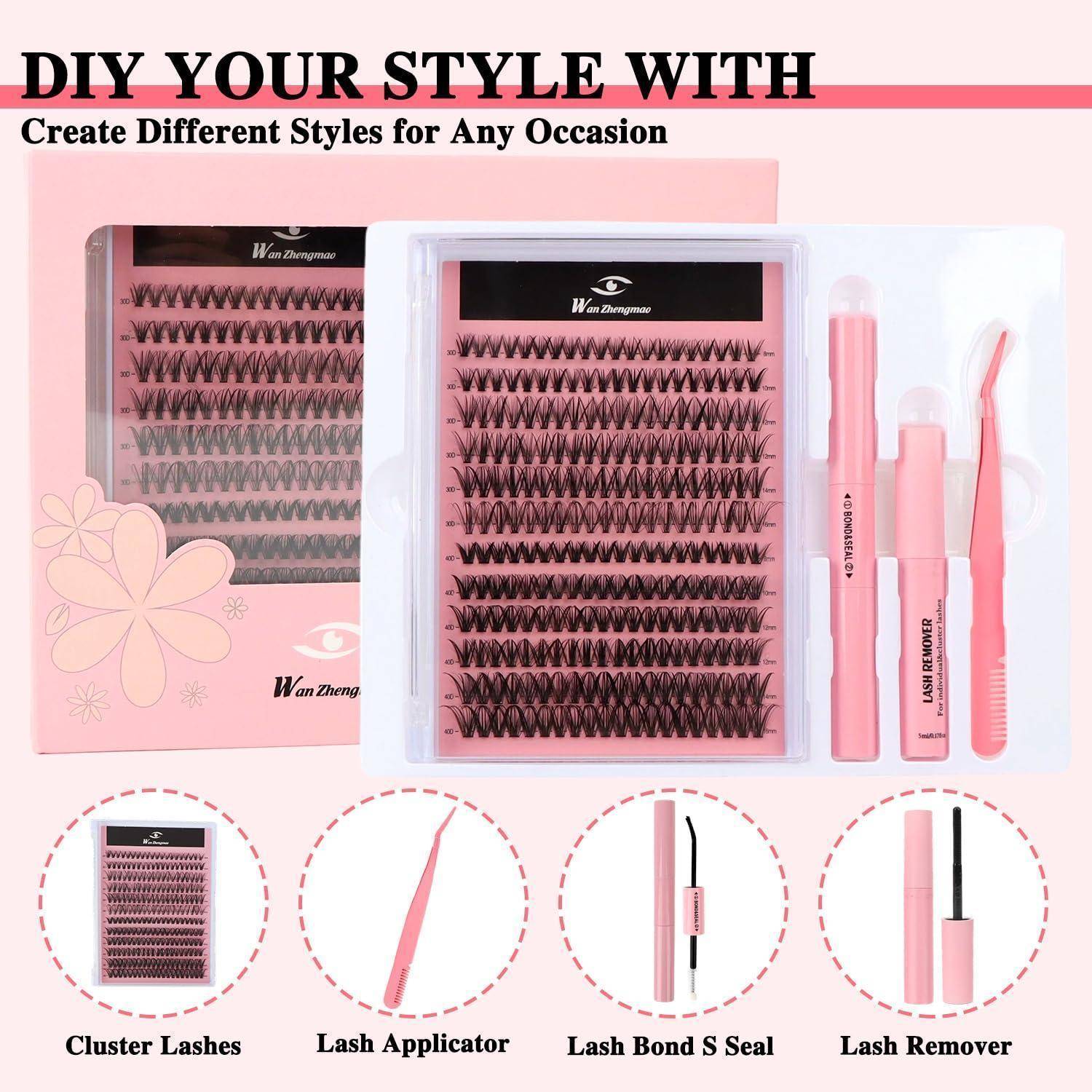 Rosa DIY-Wimpernverlängerungsset mit Cluster-Wimpern, Wimpernapplikator, Wimpernkleber und Versiegelung sowie Wimpernentferner; Text besagt „GESTALTE DEINEN STIL MIT
