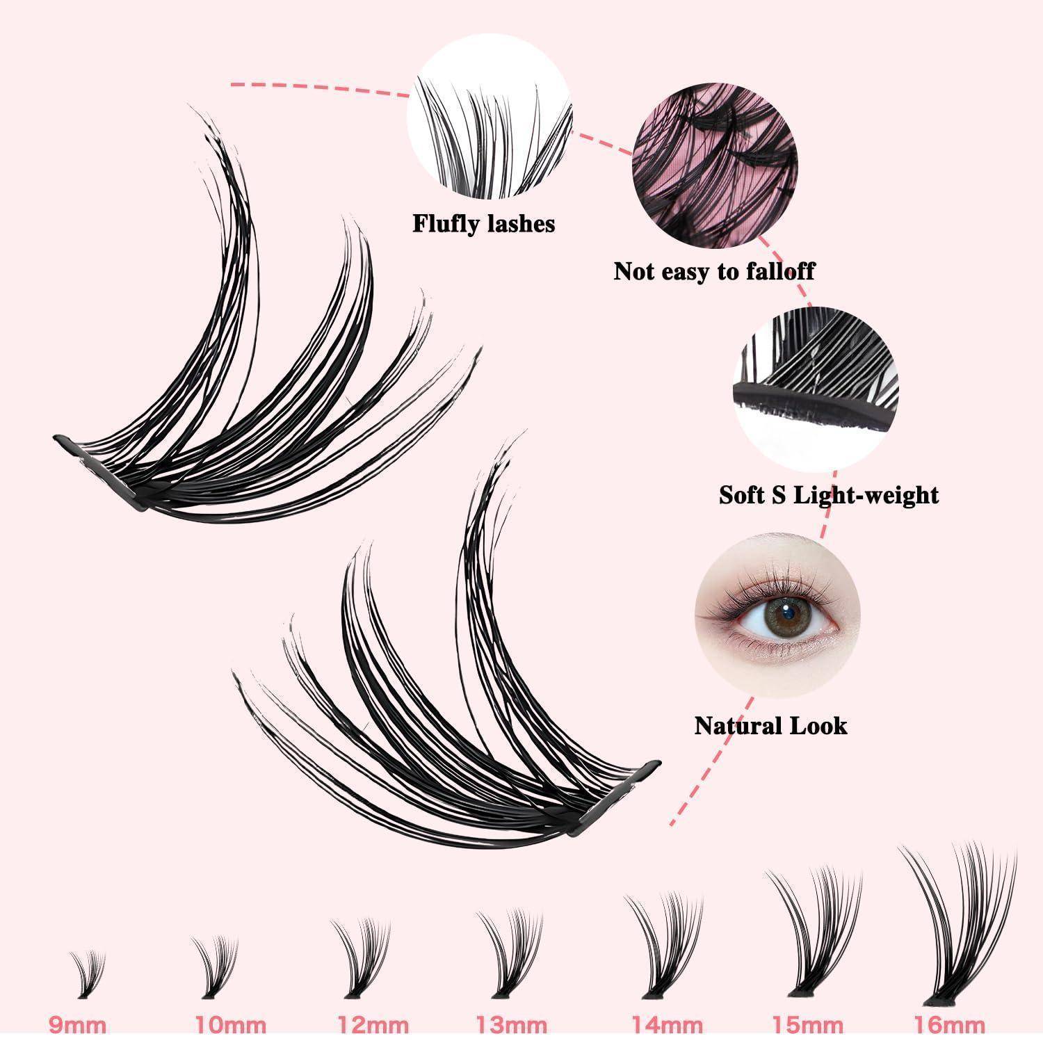 Werbegrafikbearbeitung gefälschter Wimpern mit flauschigen, leichten, natürlich aussehenden Wimpern in Längen von 9 mm bis 16 mm, mit Nahaufnahmen, die Weichheit und geringen Haarausfall hervorheben.