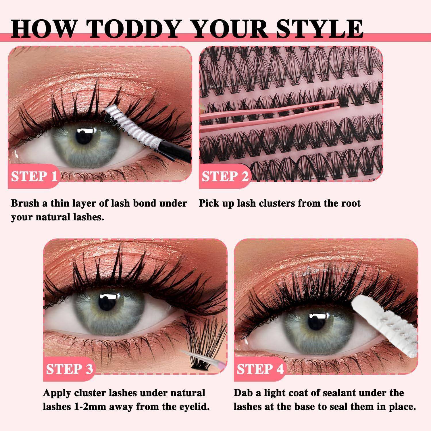 Schritt-für-Schritt-Anleitung zum Anbringen von Cluster-Wimpern: Wimpernkleber auftragen, Cluster aufnehmen, unter natürliche Wimpern platzieren, dann an Ort und Stelle versiegeln.
