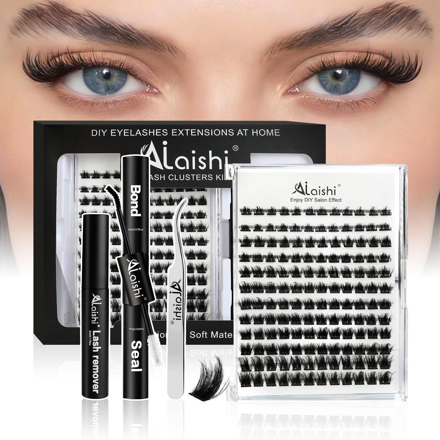 Wimpernverlängerungs-Set mit künstlichen Wimpernbüscheln, Kleber, Versiegelung und Entferner-Flaschen, mit Verpackung und Nahaufnahmen von Augen oben dargestellt.