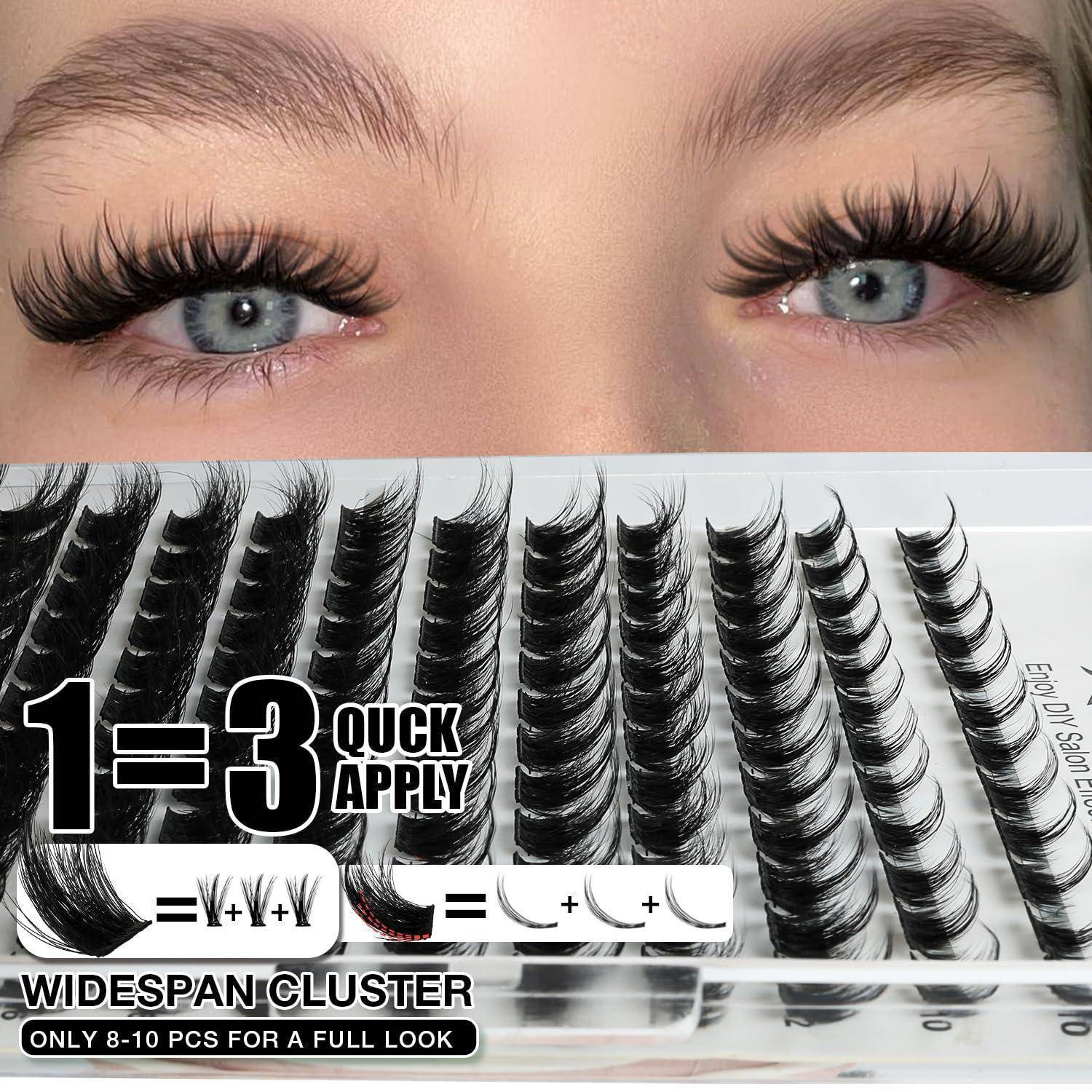 Nahaufnahme von Augen mit langen künstlichen Wimpern über einem Wimpernblatt mit der Beschriftung „1=3 QUICK APPLY