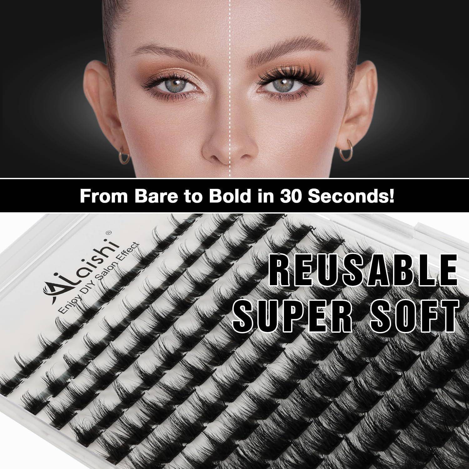 Werbebild für wiederverwendbare künstliche Wimpern, das die Augen-Make-up-Transformation eines Models von natürlich zu dramatisch zeigt und ein Wimpern-Tablett mit der Aufschrift „Wiederverwendbar Super Soft