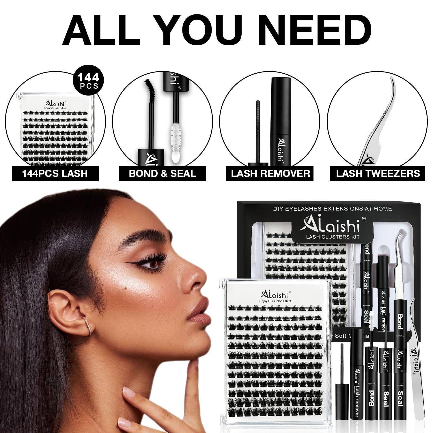 Werbebild für Alashi DIY-Wimpernverlängerungsset mit 144 Paar Wimpernbündeln, Kleber und Versiegler, Wimpernentferner, Pinzette und ein Model, das Wimpern trägt.