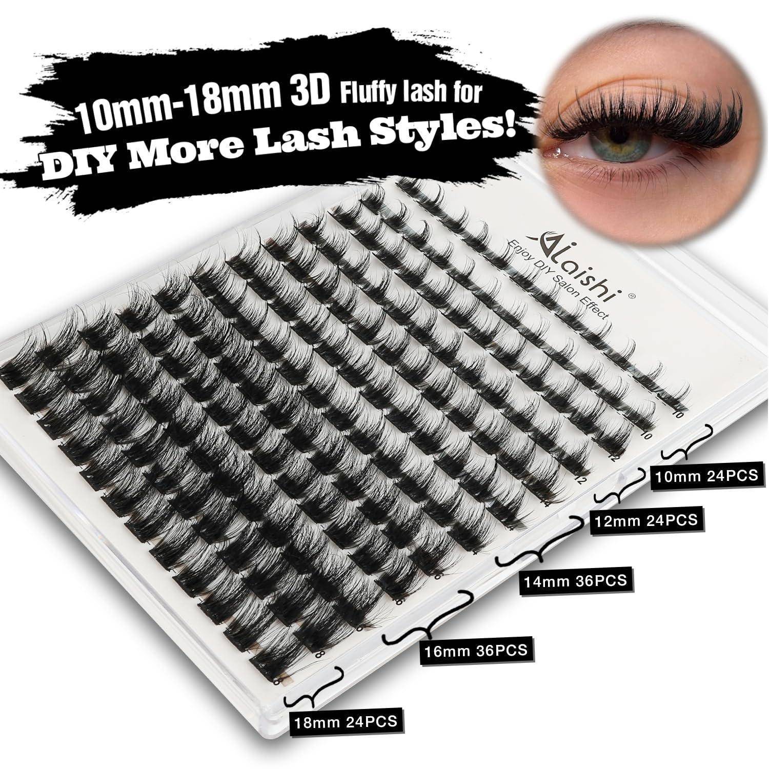 Produktbild von 3D flauschigen Wimpernverlängerungen in einem Tablett, gekennzeichnet mit 10 mm bis 18 mm für mehrere Wimpernstile, mit einem eingefügten Foto, das lange gekrümmte Wimpern auf einem Auge zeigt.