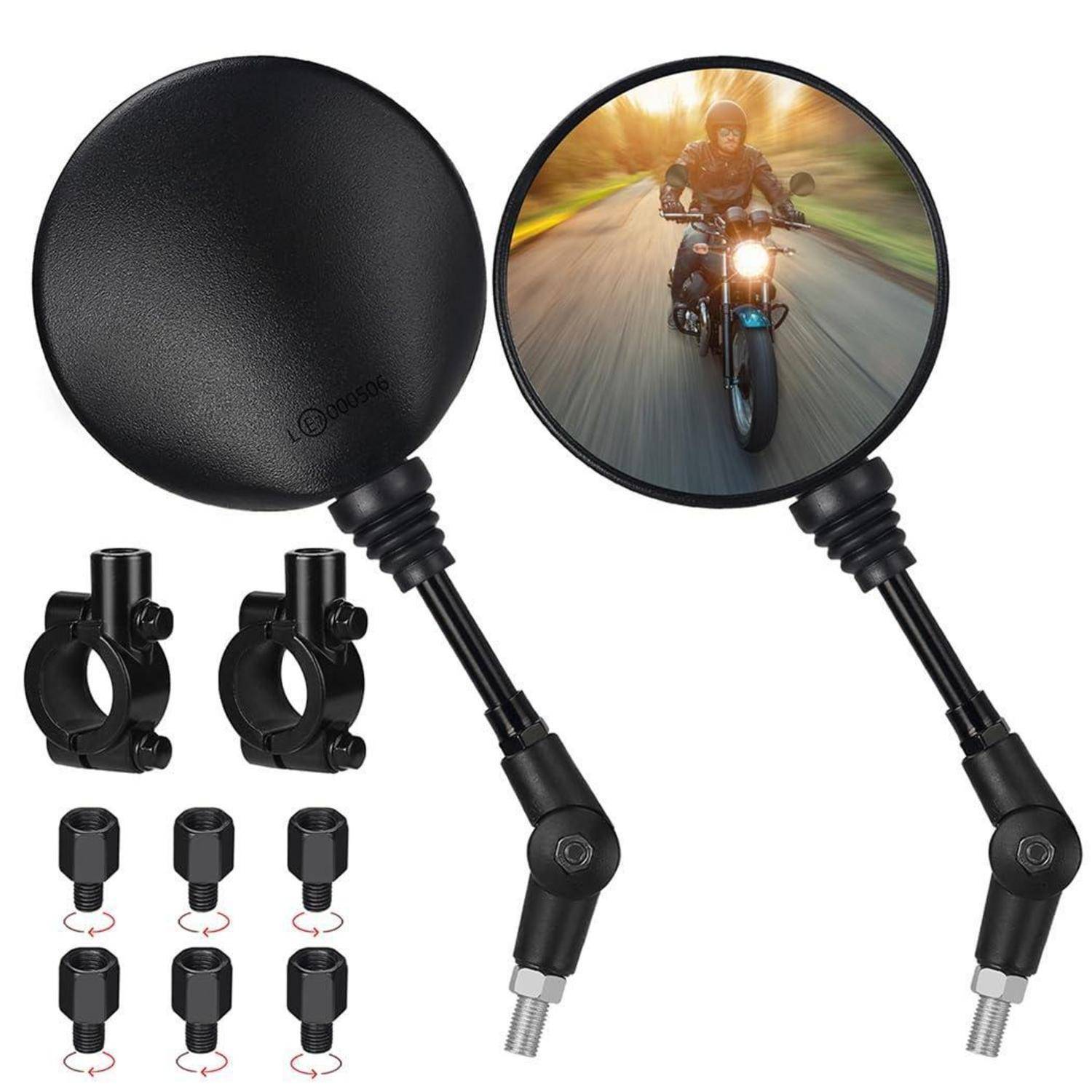 Paar schwarze Motorrad-Seitenspiegel mit runden reflektierenden Spiegelflächen und Befestigungsklemmen, abgebildet mit beigefügten Bolzen und Adaptern für die Installation.