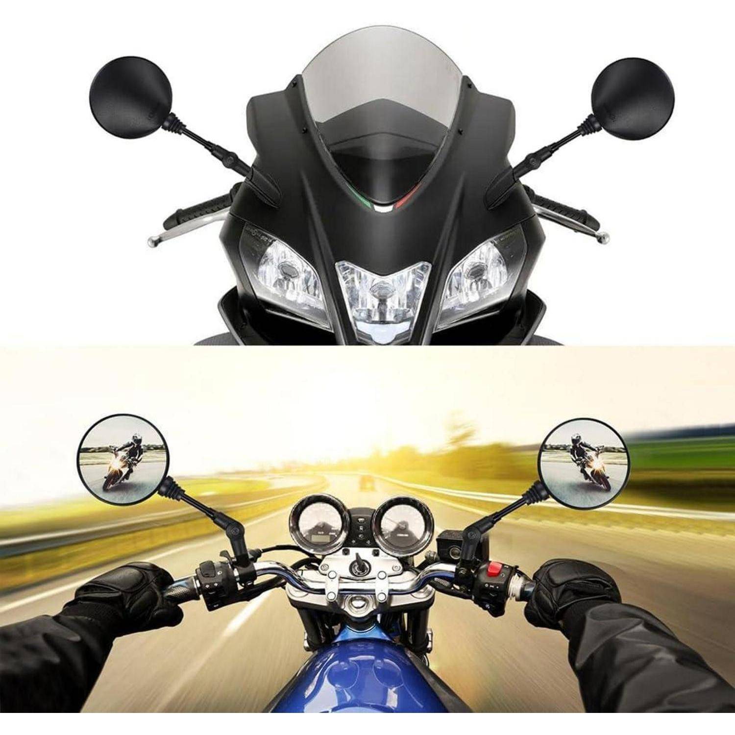 Geteiltes Bild, das oben eine Motorradverkleidung vorne und Scheinwerfer zeigt, und unten die Ich-Perspektive eines Fahrers mit Lenker und Spiegeln auf einem blauen Motorrad.