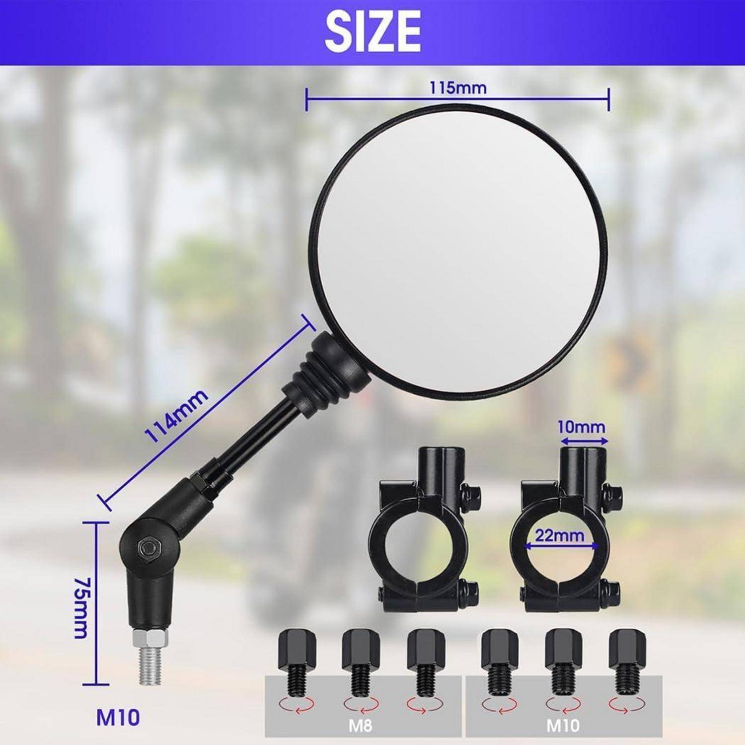 Größendiagramm eines Rundspiegels auf einem verstellbaren Arm, beschriftet mit 115mm Spiegeldurchmesser, 114mm Armlänge, 75mm Montagehöhe, M10-Basis und Adaptergröße M8 und M10.
